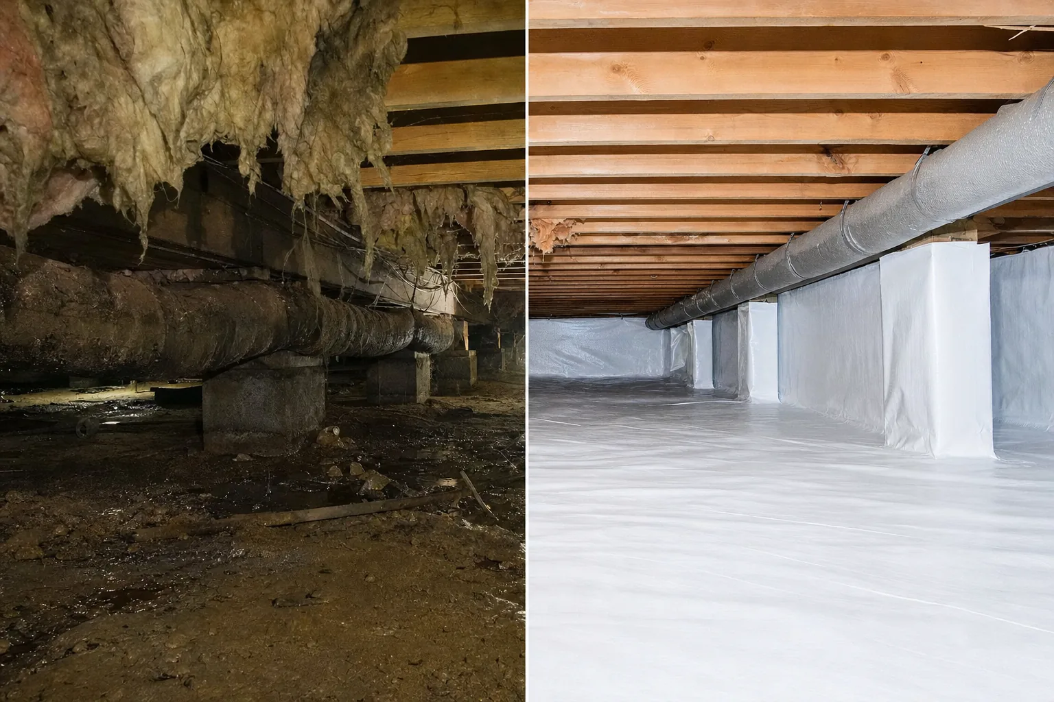 Before and after of a Clarksville crawl space encapsulation project