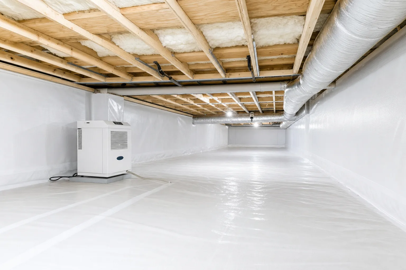A crawl space dehumidifier installed in a clean encapsulated Clarksville crawl space