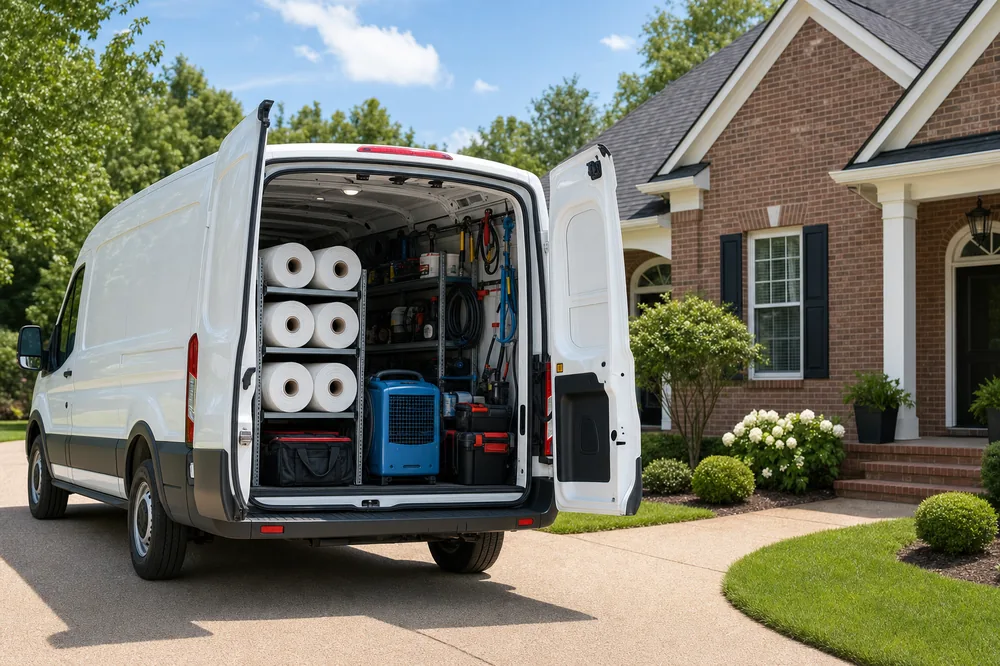 A Crawl Space of Clarksville service van loaded with crawl space equipment at a Clarksville home