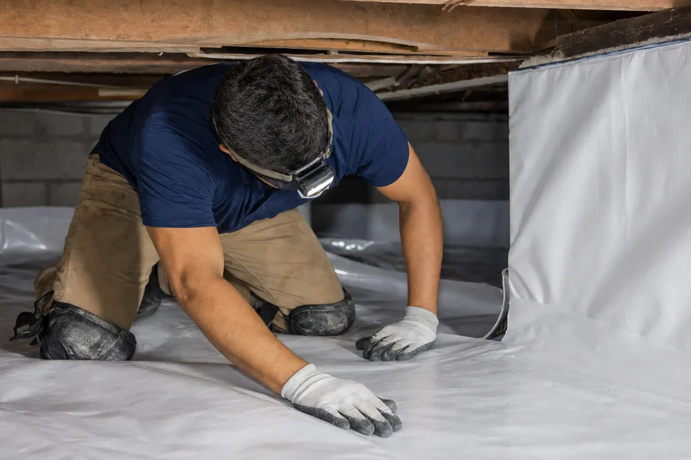 Technician inspecting the structure of a Clarksville crawl space for repair